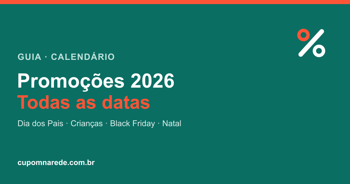 Arte 'Calendário de Promoções 2026 — todas as datas de desconto' sobre fundo teal com o símbolo da marca
