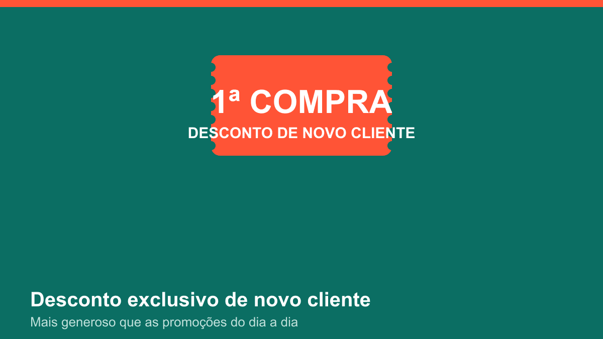 Ilustração de um cupom de primeira compra com o texto 'desconto de novo cliente', nas cores da marca