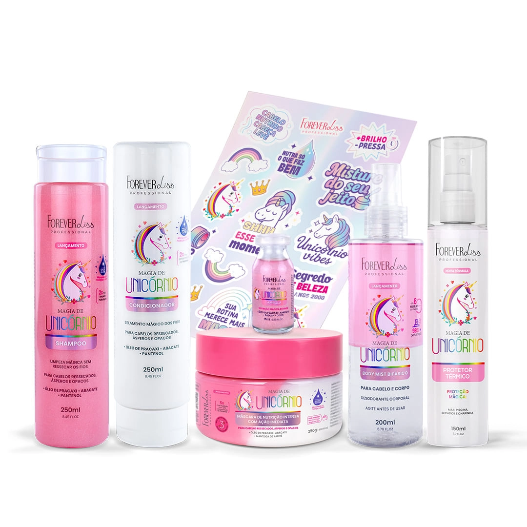 Kit Completo Magia de Unicórnio da Forever Liss, com produtos de cuidado capilar em embalagens coloridas