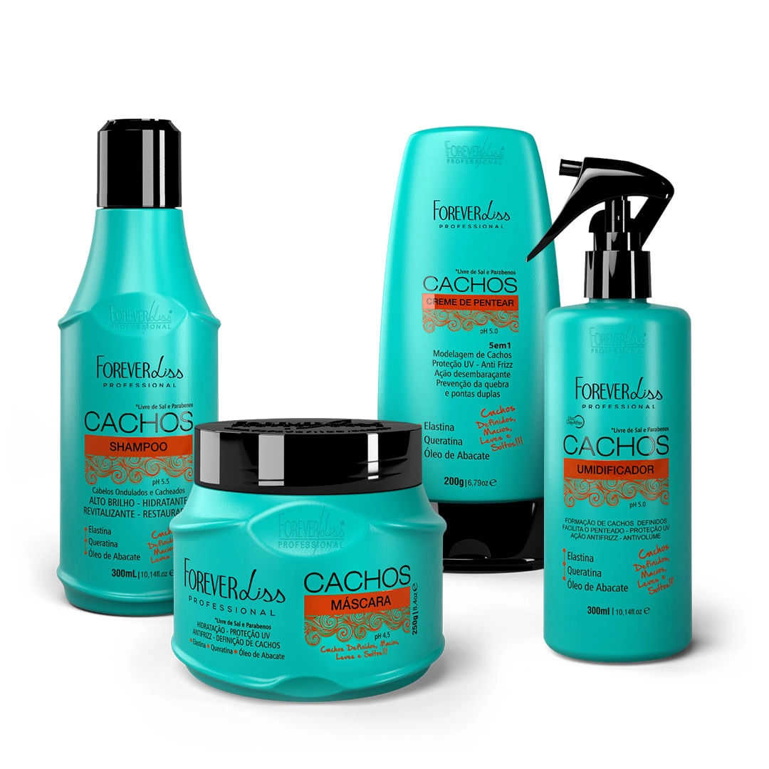 Kit Formador e Manutenção dos Cachos da Forever Liss, com frascos da linha para cabelos cacheados
