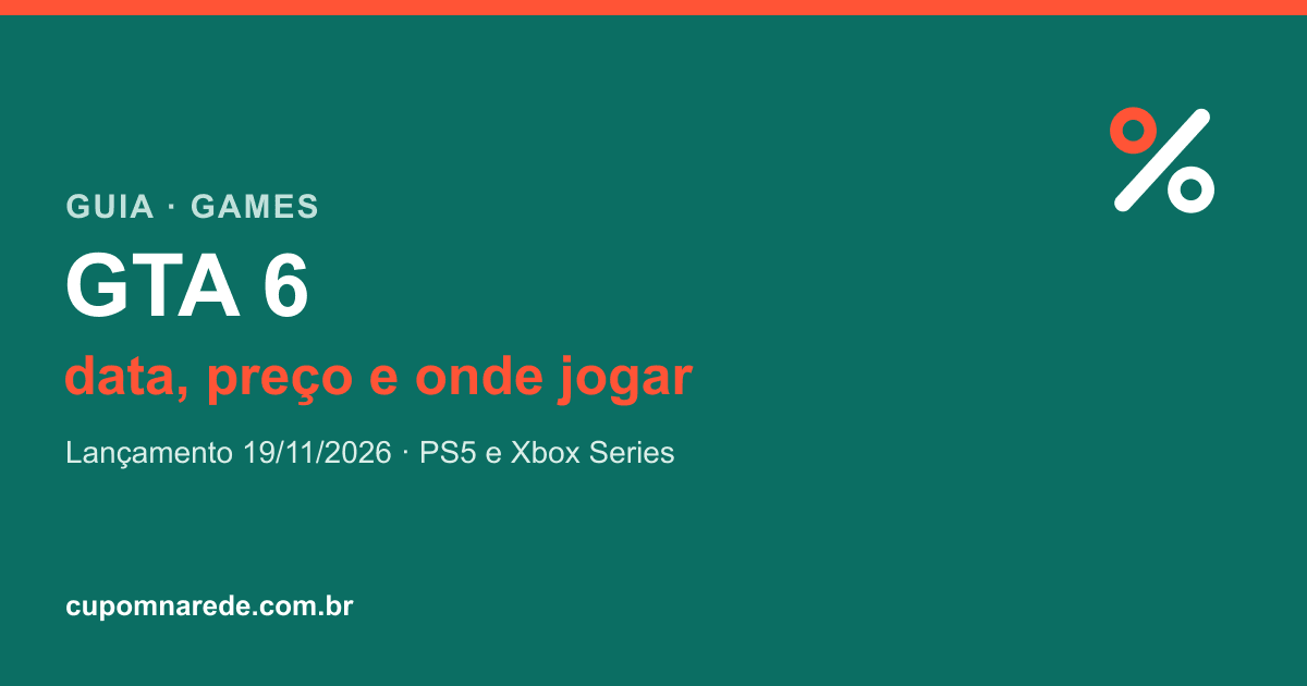 Arte 'GTA 6 — data, preço e onde jogar | Lançamento 19/11/2026, PS5 e Xbox Series' nas cores da marca