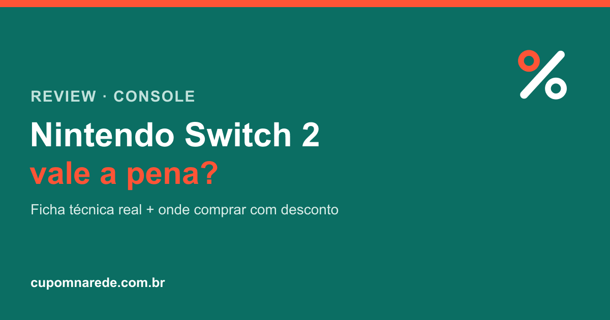 Arte 'Nintendo Switch 2 vale a pena? Ficha técnica real + onde comprar' nas cores da marca, com o símbolo bicolor