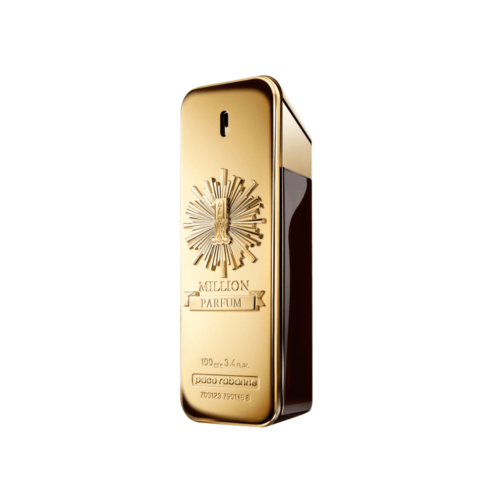 Frasco dourado em formato de lingote do perfume masculino 1 Million Parfum, da Paco Rabanne