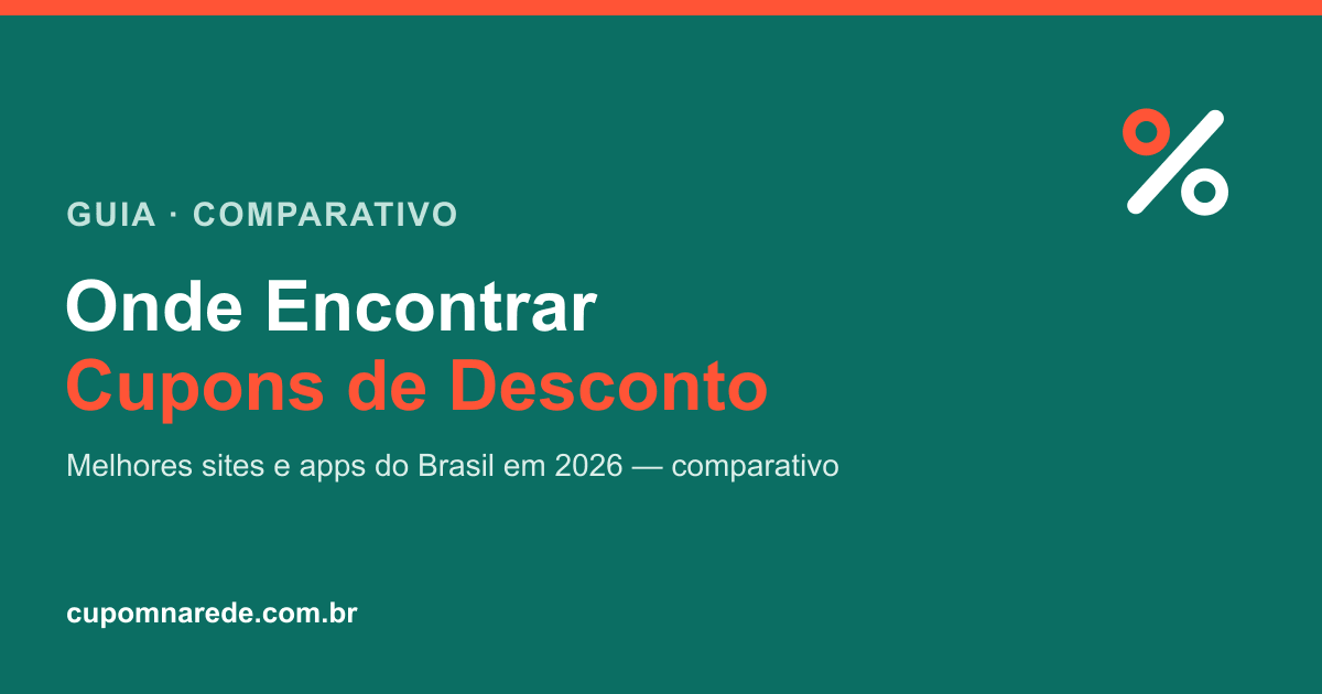 Arte 'Onde encontrar cupons de desconto — melhores sites e apps' sobre fundo teal com o símbolo da marca